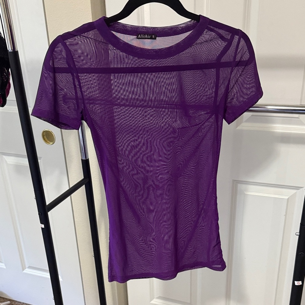 AllChic Women's Sheer Purple Short Sleeve Top